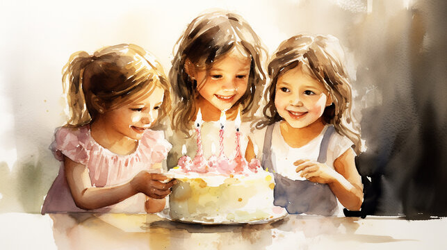 Watercolor of Group of happy and enjoy kids have fun celebrating her birthday with Multinational friend kids birthday celebratiion party.