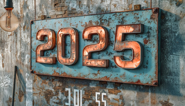 3D sign with text "2025 " lightbulbs hanging on concrete wall background texture generative ai