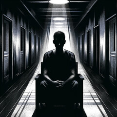 humain assis sur un fauteuil dans un couloir sombre d'un asile ou hôpital - obrazy, fototapety, plakaty