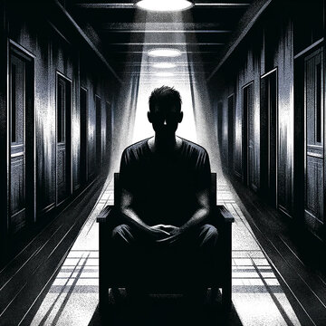 humain assis sur un fauteuil dans un couloir sombre d'un asile ou h&ocirc;pital