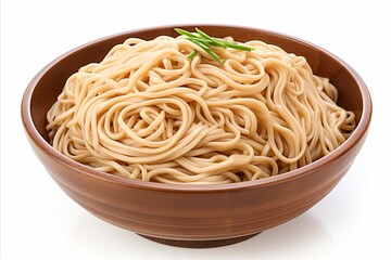 Top view of authentic asian ramen noodle soup in a bowl, isolated on white background