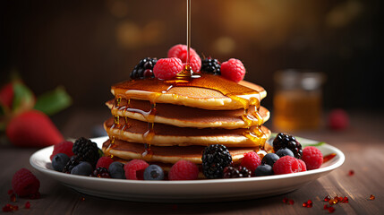 Honey is pouring onto delicious pancakes on a plate with berries on table. - obrazy, fototapety, plakaty