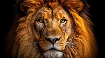 Majestic lion with captivating gaze, radiant mane, standing alone on black background