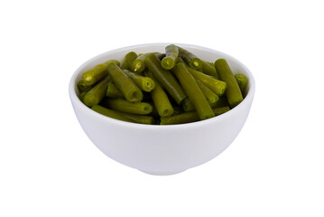 Boiled green beans in a bowl isolated on white background with png.