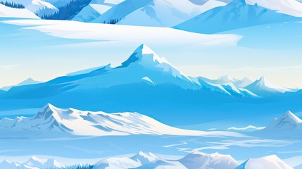 Drawing of snow-covered winter mountains. High-altitude winter landscape. Snow seamless background in light blue color