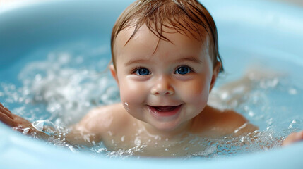 Fototapeta na wymiar Baby infant taking bath, looking upwards and playing
