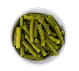 Boiled green beans in a bowl top view isolated on white background with png.