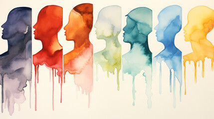 Abstract line of human profiles executed in paint style on the subject of cultural diversity