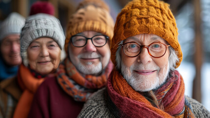 A group of elderly people in winter clothes smile looking at the camera generative ai - Powered by Adobe