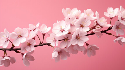 Fototapeta na wymiar Spring white cherry blossoms on pink background. sakura branches with a blurry image of the flowers. Background of spring flowers for card.Springtime concept