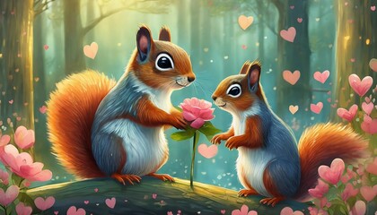 cute squirrel offering a flower gift to its lover fun wildlife love and valentine s day greeting card