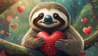 Fotobehang cute adorable sloth holding a red valentine heart on a transparant background © Claudio