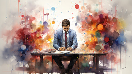 Abstract businessman working in the office watercolor illustration painting background. - obrazy, fototapety, plakaty