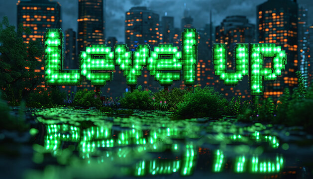 Big green letters Text "Level up" isolated on black background generative ai
