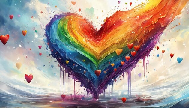 colorful heart made of splashes lgbtq rainbow made out of hearts with white background