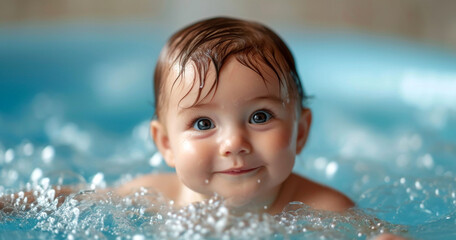 Fototapeta na wymiar Baby infant taking bath, looking upwards and playing