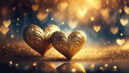 two gold hearts on glitter luxury room bokeh abstract background love and valentine day concept