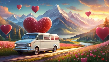 Poster 3d white van and valentine hearts © Claudio