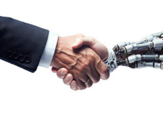 Bussines man shake hands with ai robot hand on transparent background