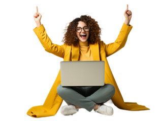 Happy student sit with notebook on the leg, Transparent background