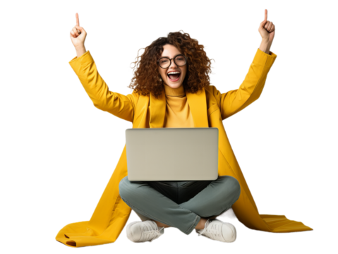 Happy student sit with notebook on the leg, Transparent background