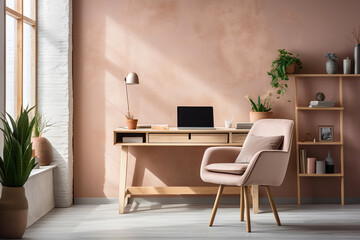 Interior of home office with peach color