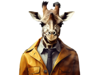 Cool giraffe wearing on the funky suit on the transparent background