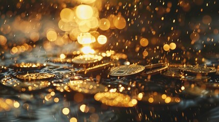 Gold coins falling into the water with golden bokeh background