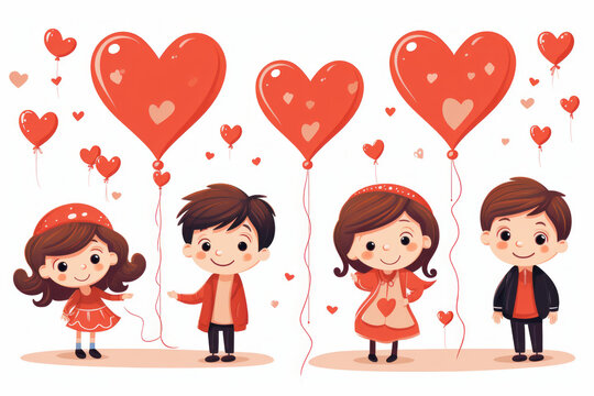 Children with Valentine's Day hearts, simple flat vector illustration, white background ,generative ai