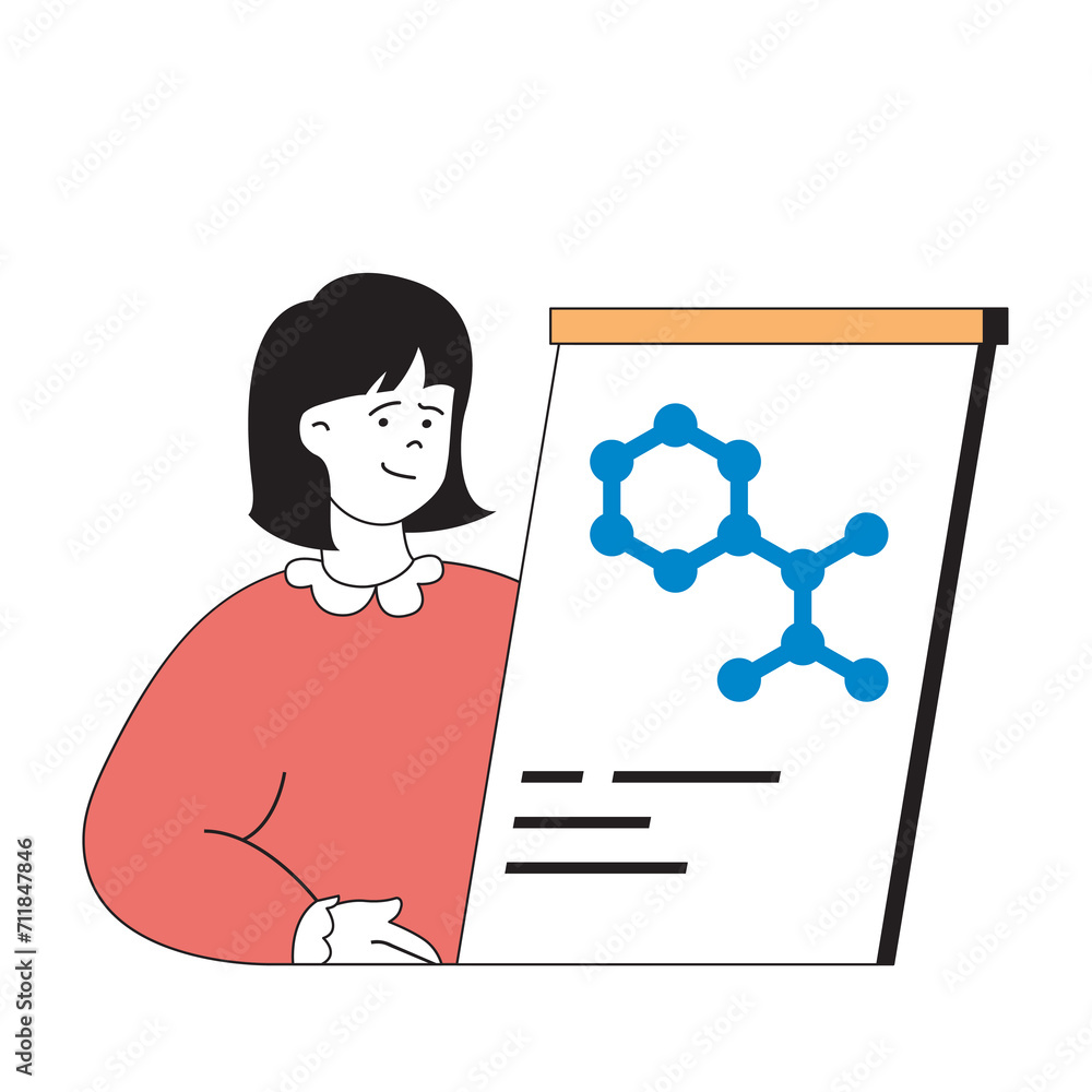 Poster School learning concept with cartoon people in flat design for web. Student learning at science class, makes presentation for lesson. Vector illustration for social media banner, marketing material.