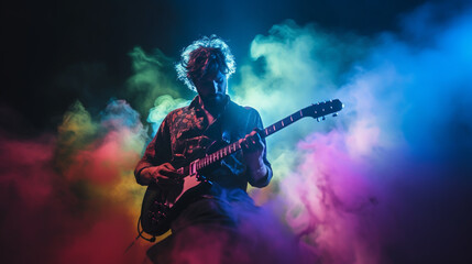 A guitar player making rock during concert. Rock band performs on stage. Guitarist plays solo. - obrazy, fototapety, plakaty