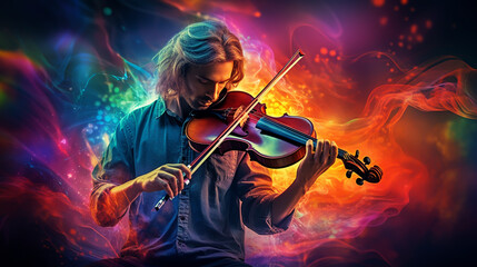 Fototapeta premium Beautiful man playing violin. Male violinist against dark colors background with colorful smoke.