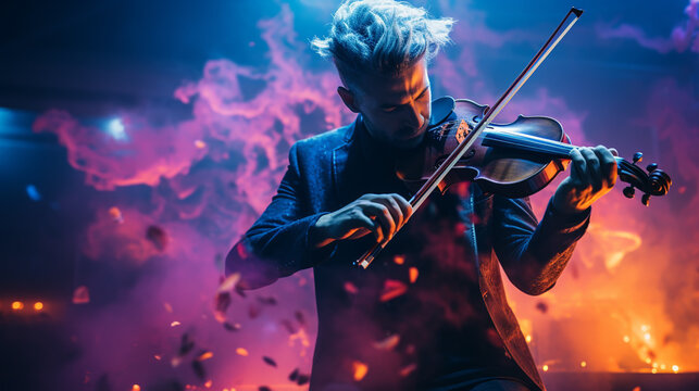 Beautiful man playing violin. Male violinist against dark colors background with colorful smoke.
