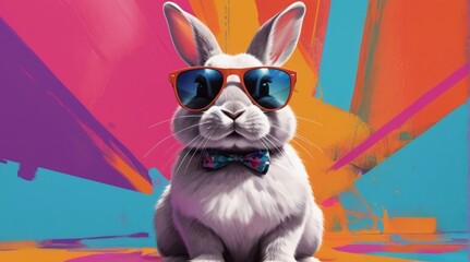 Cool Bunny in Stylish Shades - Confidently Posed Against Vibrant Abstract Background with Bold Colors - Playful and Lively.  ai generate 