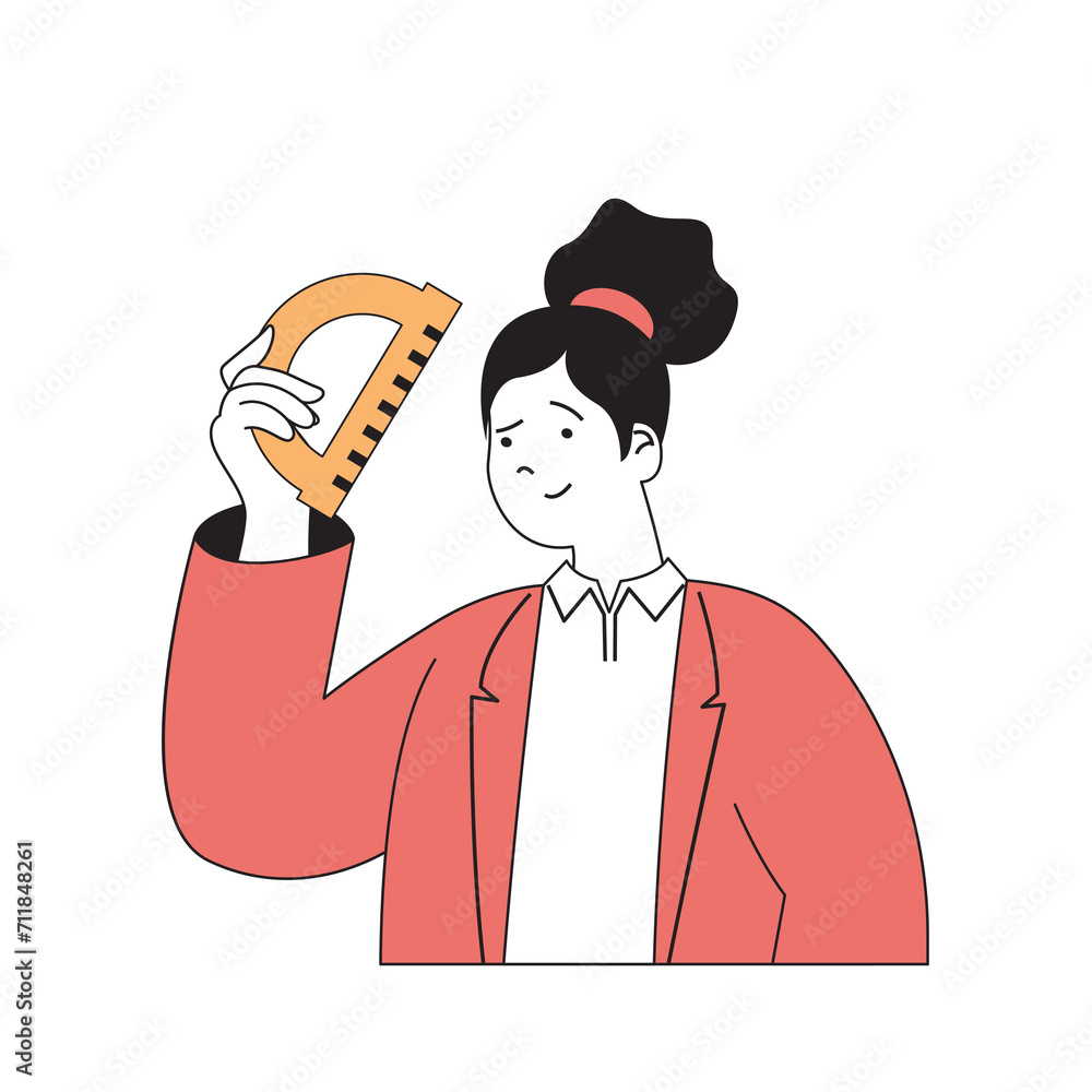 Poster school learning concept with cartoon people in flat design for web. teacher holds ruler and explaini