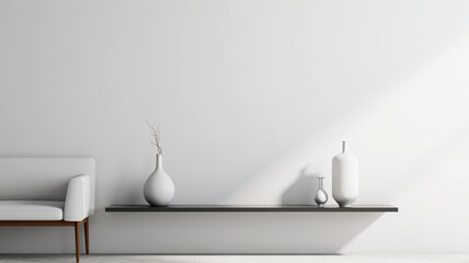 minimalistic interior of a white living room with a sofa and a vase. copy the space