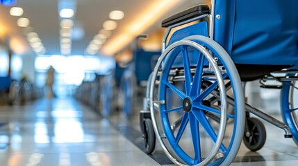 Empty wheelchairs lined up along the hospital corridor, creating an empty and quiet atmosphere