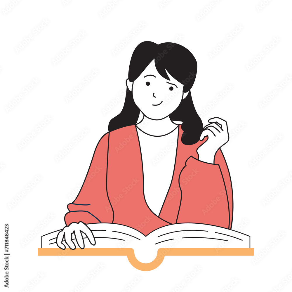 Poster school learning concept with cartoon people in flat design for web. student reading open book, makin