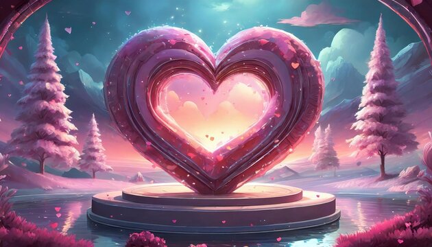 Naklejki 3d podium heart platform happy valentine pink love display stage illustration