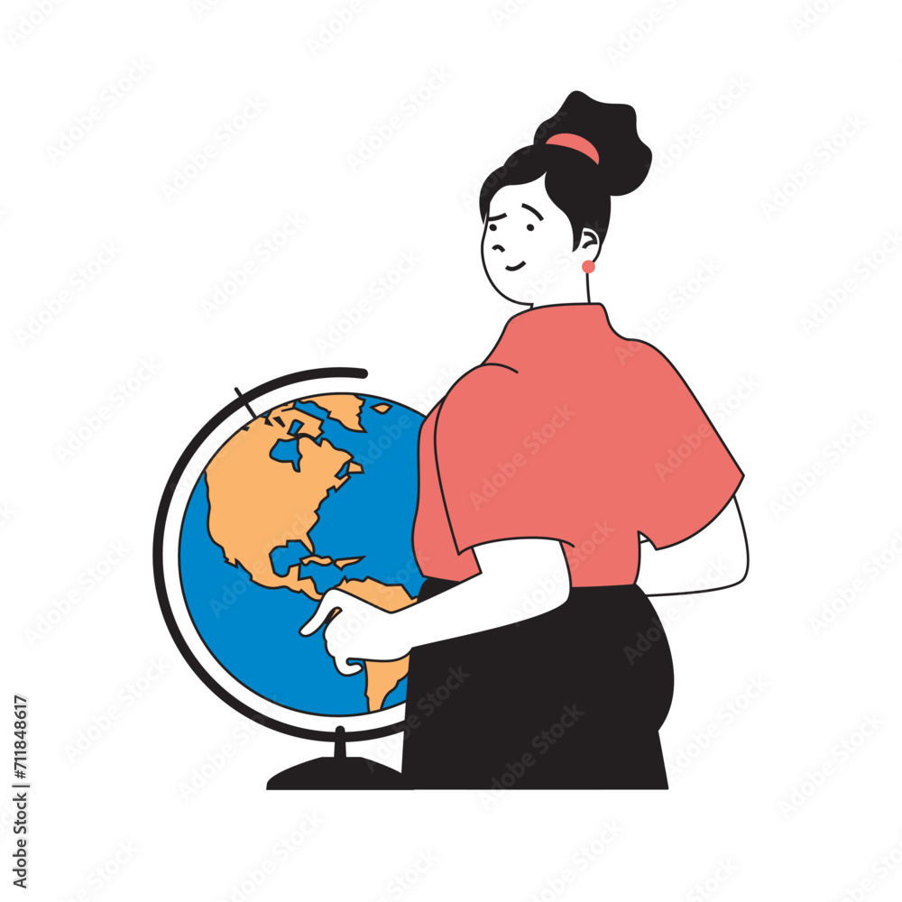 Poster school learning concept with cartoon people in flat design for web. teacher stands by globe and expl