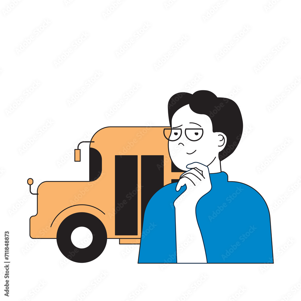 Poster school learning concept with cartoon people in flat design for web. student going to class and using