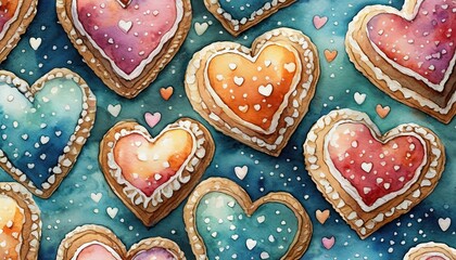 seamless pattern with watercolor glazed heart shaped cookeis