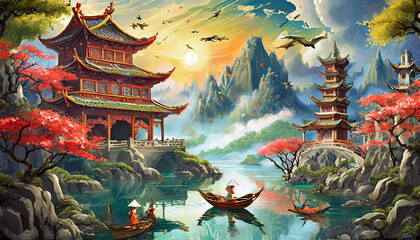 Chinese style fantasy scenes. - obrazy, fototapety, plakaty
