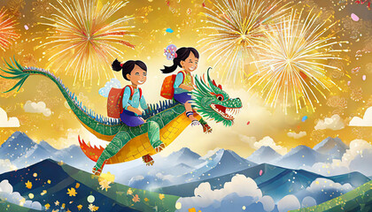 CNY Year of the dragon greeting card. Children riding on a flying dragon above clouds on yellow background with fireworks and confetti. Text: Dragon brings the prosperity.