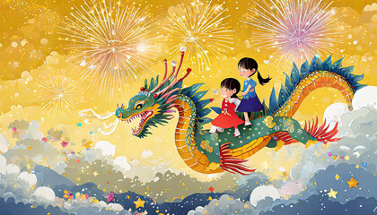 CNY Year of the dragon greeting card. Children riding on a flying dragon above clouds on yellow background with fireworks and confetti. Text: Dragon brings the prosperity.