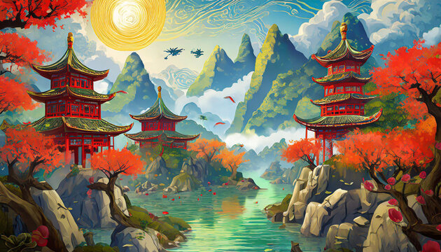 Chinese style fantasy scenes.