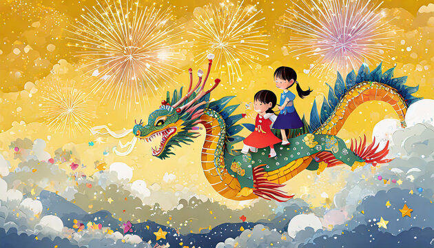 CNY Year of the dragon greeting card. Children riding on a flying dragon above clouds on yellow background with fireworks and confetti. Text: Dragon brings the prosperity.