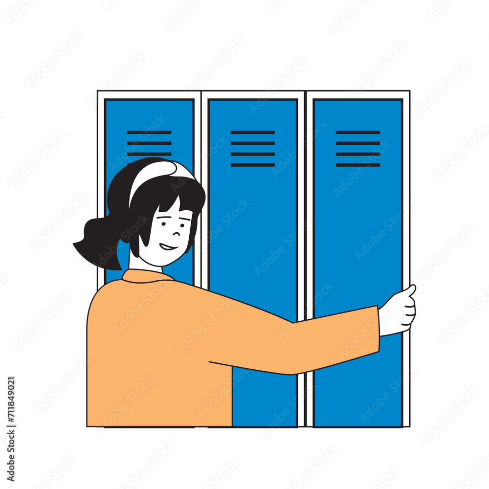 Aufkleber school learning concept with cartoon people in flat design for web. student using locker for textboo