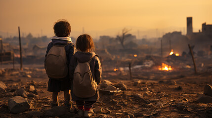Children. Conflict concept. Burning and destroyed city by war. Concept of crisis of war creative decoration. Selective focus - obrazy, fototapety, plakaty