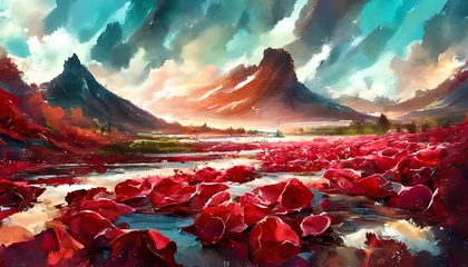Meubelstickers red roses petals in background © Claudio